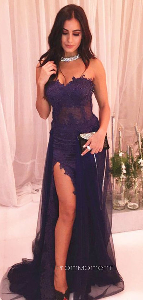 Sexy Mermaid Tulle Appliques Long Evening Prom Dresses, Custom Side Slit Prom Dresses, PM0021