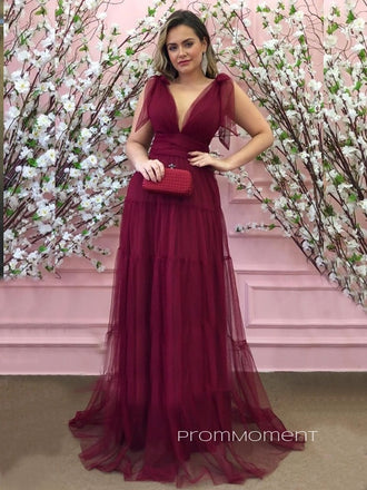 Deep V-neck Burgundy Tulle A-line Long Evening Prom Dresses, Custom Prom Dresses, PM0022