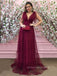 Deep V-neck Burgundy Tulle A-line Long Evening Prom Dresses, Custom Prom Dresses, PM0022