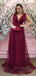 Deep V-neck Burgundy Tulle A-line Long Evening Prom Dresses, Custom Prom Dresses, PM0022