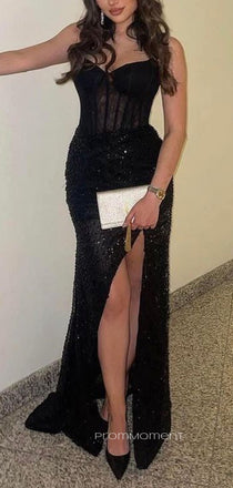 Mermaid See Through Black Sequins Long Evening Prom Dresses, Spaghetti Straps Prom Dresses, PM0023
