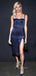 Mermaid Navy Blue Satin Long Evening Prom Dresses, Side Slit Short Prom Dresses, PM0024