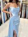 Sky Blue Satin Strapless Long Evening Prom Dresses, Mermaid High Slit Prom Dresses, PM0025