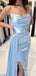 Sky Blue Satin Strapless Long Evening Prom Dresses, Mermaid High Slit Prom Dresses, PM0025