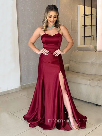 Spaghetti Straps Dark Red Satin Long Evening Prom Dresses, Side Slit Prom Dresses, PM0028