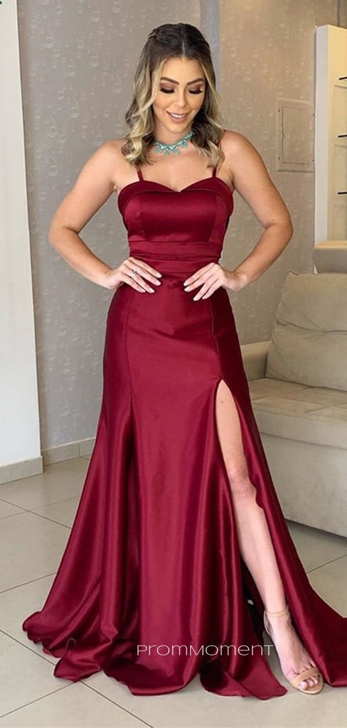 Spaghetti Straps Dark Red Satin Long Evening Prom Dresses, Side Slit Prom Dresses, PM0028