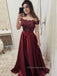 Off Shoulder Burgundy Satin Appliques Long Evening Prom Dresses, A-line Prom Dresses, PM0030