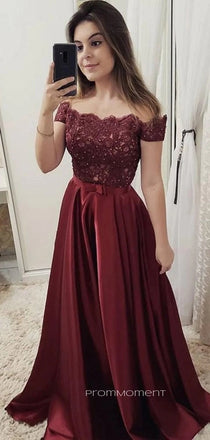 Off Shoulder Burgundy Satin Appliques Long Evening Prom Dresses, A-line Prom Dresses, PM0030