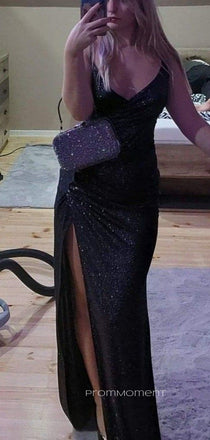 Gorgeous Mermaid Black Sequins Long Evening Prom Dresses, V-neck Prom Dresses, PM0031