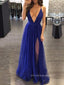 Sexy Royal Blue Tulle V-neck A-line Long Evening Prom Dresses, Custom Prom Dresses, PM0034