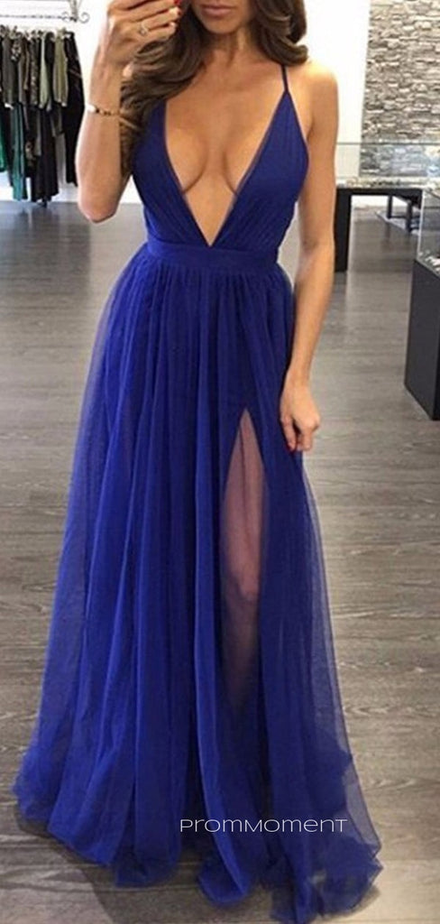 Sexy Royal Blue Tulle V-neck A-line Long Evening Prom Dresses, Custom Prom Dresses, PM0034