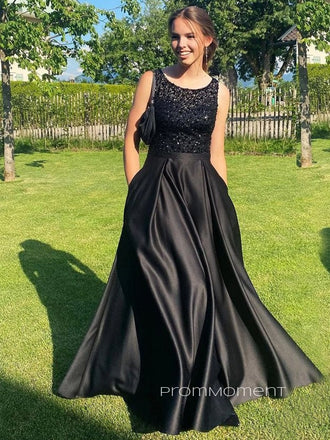 A-line Black Satin Beaded Long Evening Prom Dresses, Custom Prom Dresses, PM0037