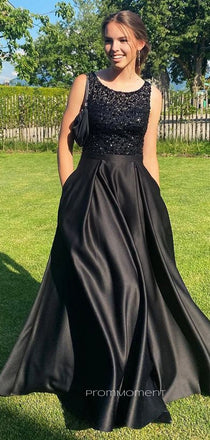 A-line Black Satin Beaded Long Evening Prom Dresses, Custom Prom Dresses, PM0037