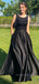 A-line Black Satin Beaded Long Evening Prom Dresses, Custom Prom Dresses, PM0037