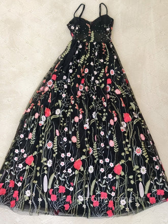 A-line Black Lace Spaghetti Straps Long Evening Prom Dresses, Custom Prom Dresses, PM0038