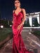 Dark Red Satin Mermaid V-neck Long Evening Prom Dresses, Cheap Custom Prom Dresses, PM0041