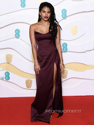 Mermaid Burgundy Satin Strapless Long Evening Prom Dresses, Cheap Side Slit Custom Prom Dresses, PM0043