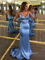 Elegant Spaghetti Straps Dusty Blue Satin Long Evening Prom Dresses, Cheap Mermaid Custom Prom Dresses, PM0044