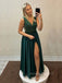 A-line Dark Green Satin Beaded V-neck Long Evening Prom Dresses, Cheap Custom Prom Dresses, PM0045