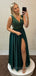 A-line Dark Green Satin Beaded V-neck Long Evening Prom Dresses, Cheap Custom Prom Dresses, PM0045