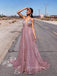 A-line Dusty Rose Sparkly Long Evening Prom Dresses, Cheap V-neck Custom Prom Dresses, PM0047