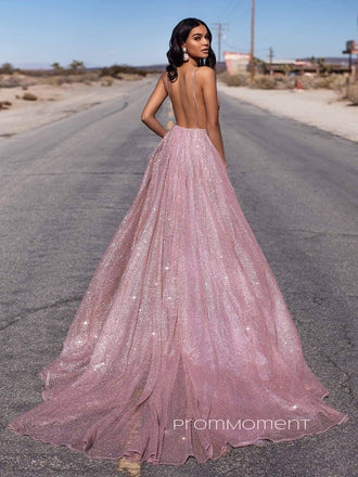 A-line Dusty Rose Sparkly Long Evening Prom Dresses, Cheap V-neck Custom Prom Dresses, PM0047