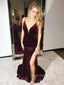 Burgundy Velvet Mermaid Spaghetti Straps Long Evening Prom Dresses, Cheap Custom Prom Dresses, PM0048