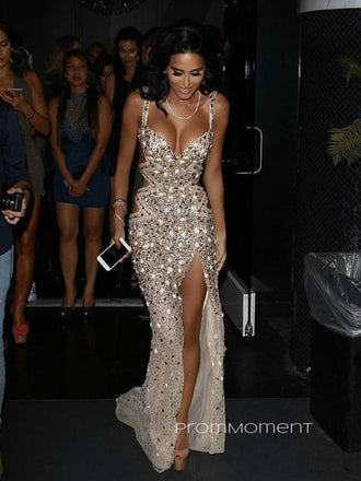 Sexy Ivory Tulle Beaded High Slit Long Evening Prom Dresses, See Through Custom Prom Dresses, PM0051