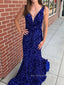 V-neck Royal Blue Sequins Mermaid Long Evening Prom Dresses, Cheap Custom Prom Dresses, PM0053