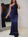 Navy Blue Satin One Shoulder Long Evening Prom Dresses, Cheap Mermaid Custom Prom Dresses, PM0055