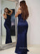 Navy Blue Satin One Shoulder Long Evening Prom Dresses, Cheap Mermaid Custom Prom Dresses, PM0055