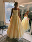 A-line Yellow Tulle Appliques Spaghetti Straps Long Evening Prom Dresses, Cheap Custom Prom Dresses, PM0058