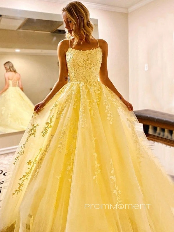 A-line Yellow Tulle Appliques Spaghetti Straps Long Evening Prom Dresses, Cheap Custom Prom Dresses, PM0058