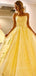 A-line Yellow Tulle Appliques Spaghetti Straps Long Evening Prom Dresses, Cheap Custom Prom Dresses, PM0058