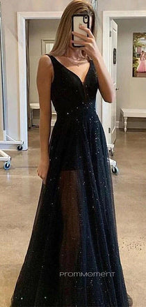 A-line V-neck Sparkly Long Evening Prom Dresses, Cheap Custom Prom Dresses, PM0059