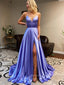 Simple A-line Spaghetti Straps Satin Long Evening Prom Dresses, Cheap Side Slit Custom Prom Dresses, PM0060