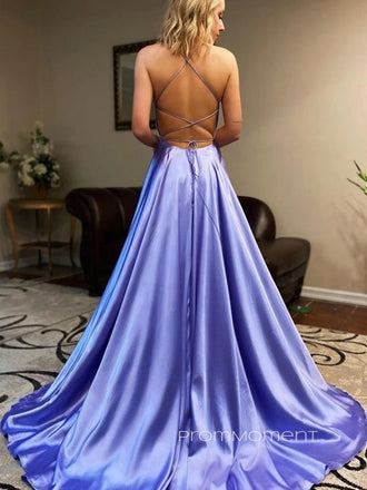 Simple A-line Spaghetti Straps Satin Long Evening Prom Dresses, Cheap Side Slit Custom Prom Dresses, PM0060