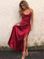 Red Satin Spaghetti Straps Mermaid Long Evening Prom Dresses, Cheap Side Slit Custom Prom Dresses, PM0061