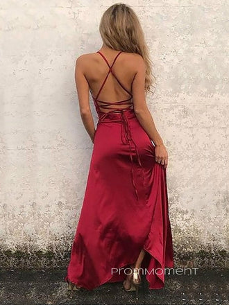Red Satin Spaghetti Straps Mermaid Long Evening Prom Dresses, Cheap Side Slit Custom Prom Dresses, PM0061