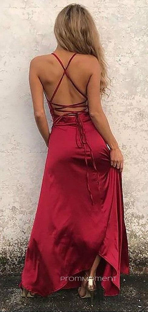 Red Satin Spaghetti Straps Mermaid Long Evening Prom Dresses, Cheap Side Slit Custom Prom Dresses, PM0061