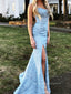 Formal Blue Lace Mermaid Long Evening Prom Dresses, Spaghetti Straps Custom Prom Dresses, PM0063