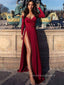 Sexy High Slit Red Off Shoulder Long Evening Prom Dresses, Cheap Long Sleeves Custom Prom Dresses, PM0064