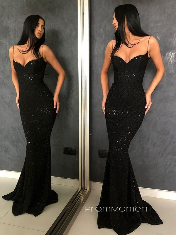 Sexy Mermaid Black Sequins Spaghetti Straps Long Evening Prom Dresses, Cheap Sweetheart Custom Prom Dresses, PM0066