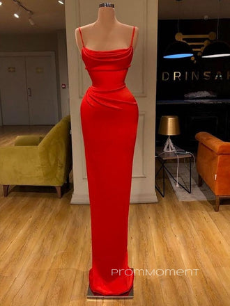 Spaghetti Straps Red Satin Long Mermaid Evening Prom Dresses, Cheap Custom Prom Dresses, PM0067