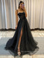 Sparkly Black Tulle A-line Long Evening Prom Dresses, Cheap Custom Spaghetti Straps Prom Dresses, PM0068