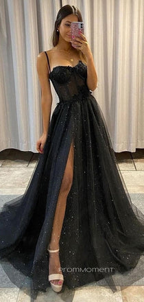 Sparkly Black Tulle A-line Long Evening Prom Dresses, Cheap Custom Spaghetti Straps Prom Dresses, PM0068