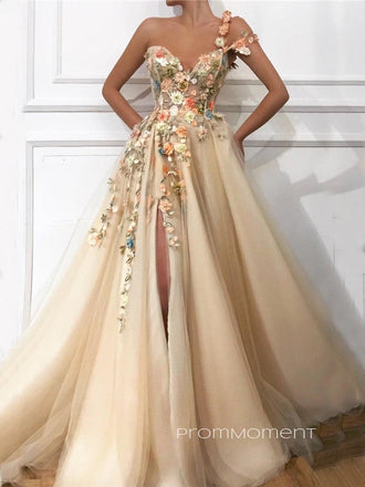 Formal A-line Tulle Appliques Long Evening Prom Dresses, Cheap Custom One Shoulder Prom Dresses, PM0069