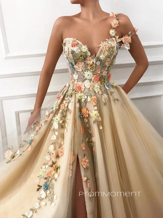 Formal A-line Tulle Appliques Long Evening Prom Dresses, Cheap Custom One Shoulder Prom Dresses, PM0069