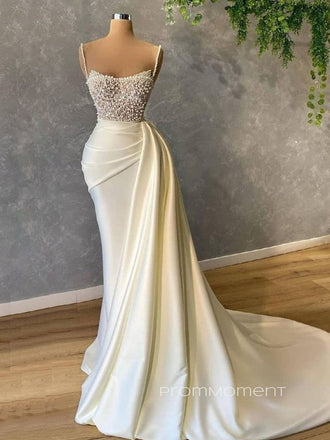 Morden Satin Spaghetti Straps Long Mermaid Evening Prom Dresses, Cheap Custom Beaded Wedding Dresses, PM0070