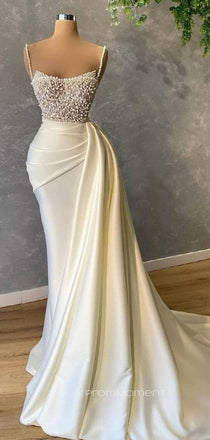 Morden Satin Spaghetti Straps Long Mermaid Evening Prom Dresses, Cheap Custom Beaded Wedding Dresses, PM0070
